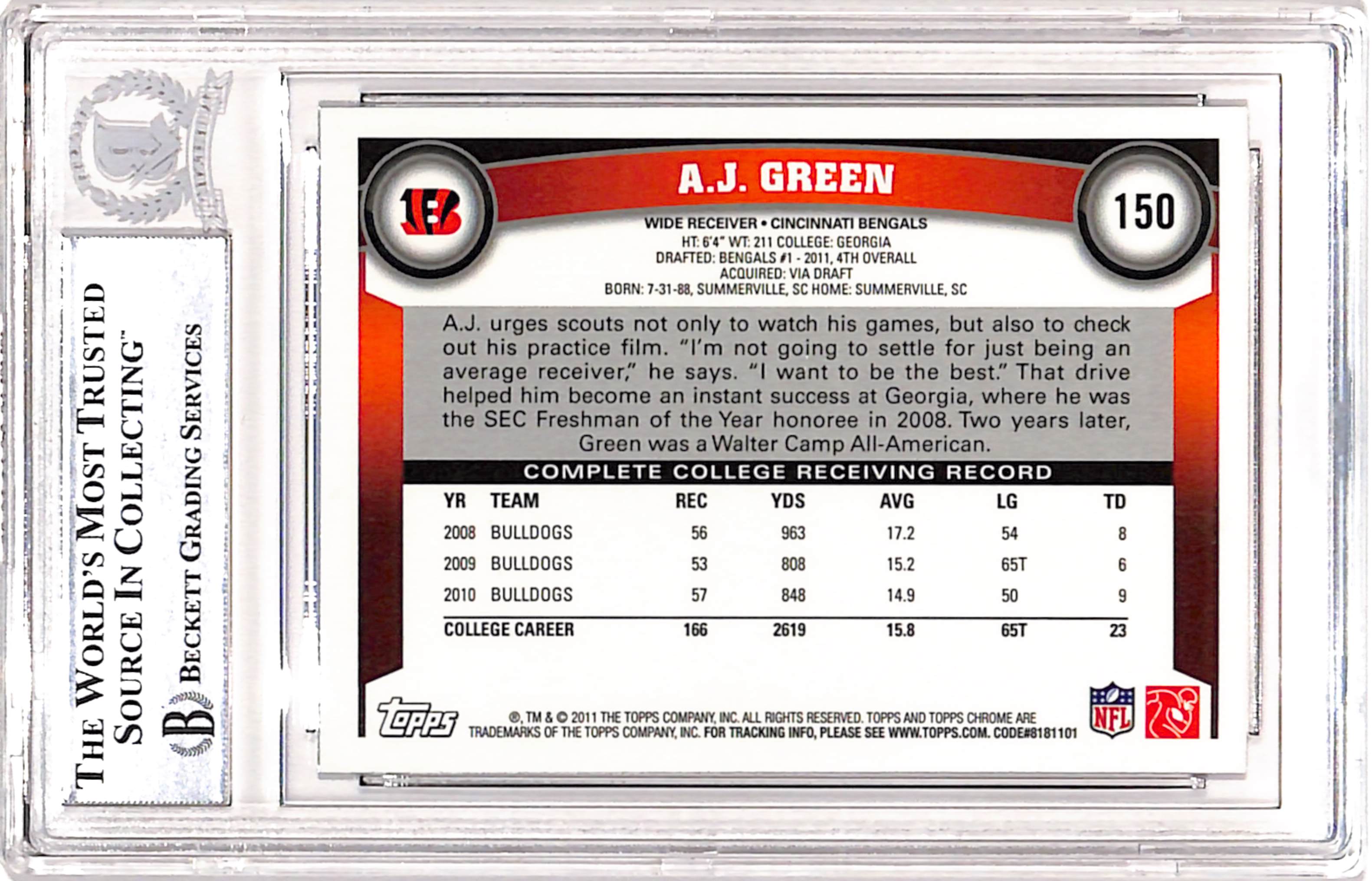 AJ Green Signed 2011 Topps Chrome #150 Trading Card Beckett