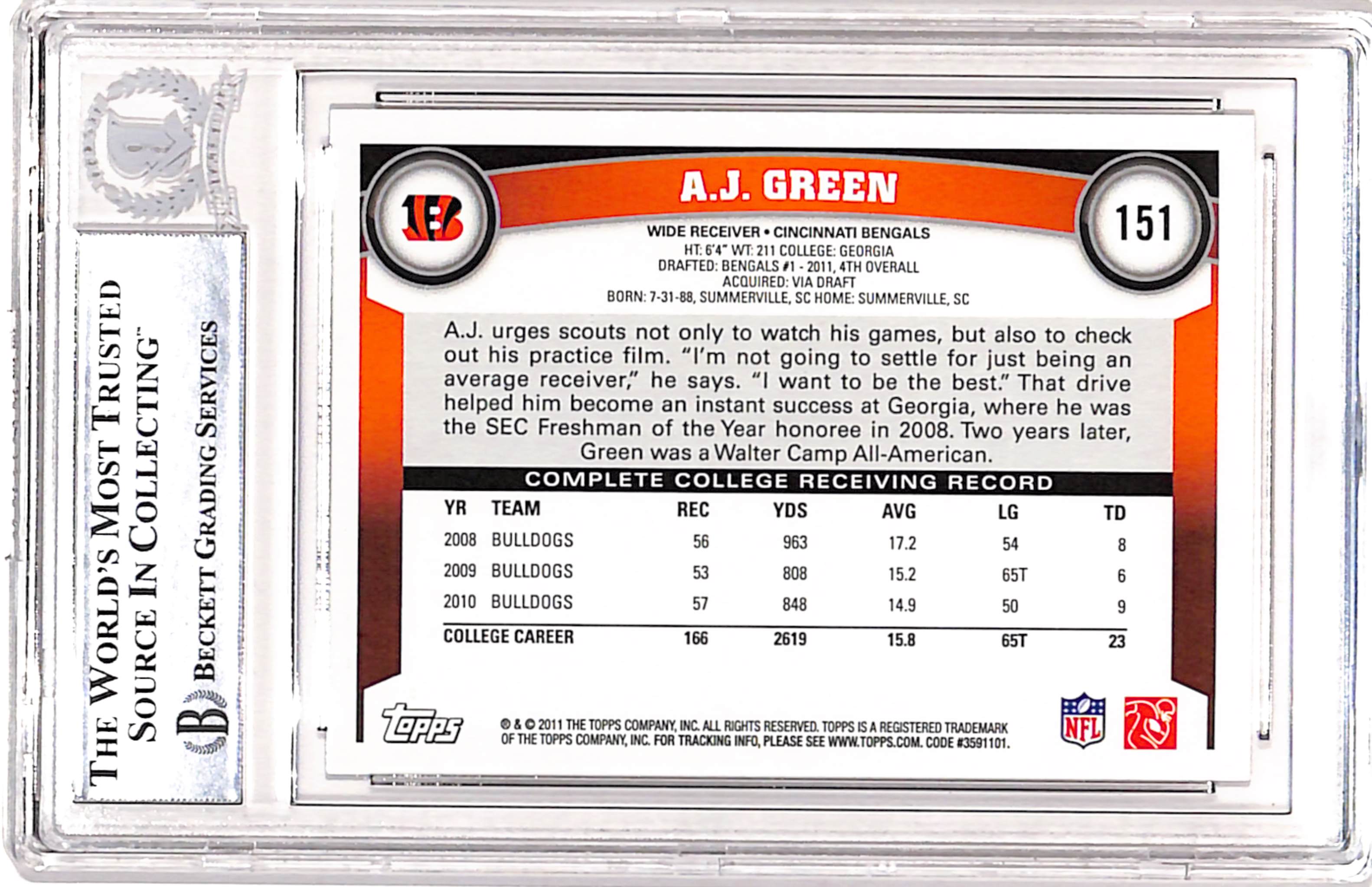 AJ Green Autographed/Signed 2011 Topps #151 Trading Card Beckett