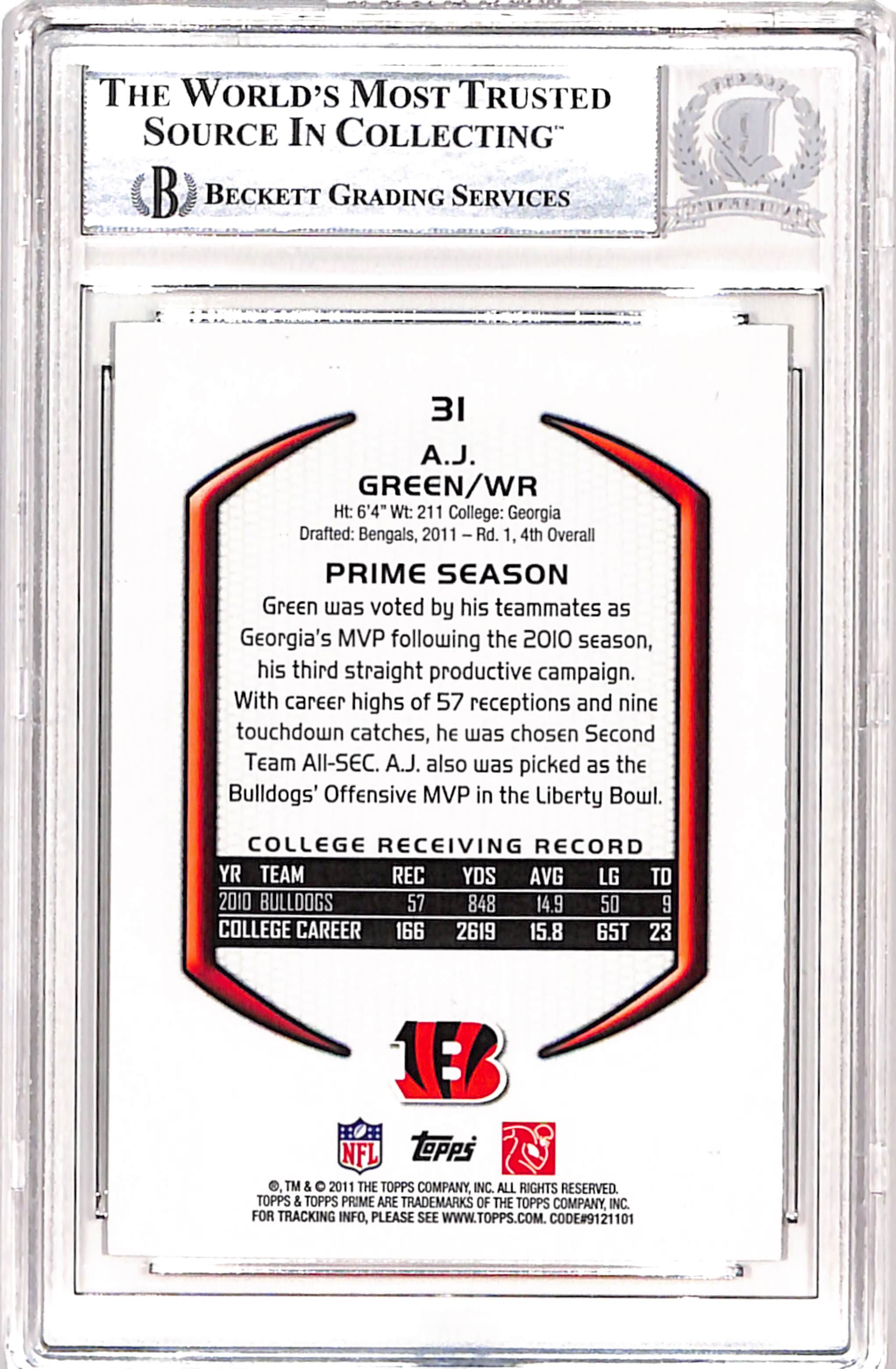 AJ Green Autographed/Signed 2011 Topps Prime #31 Card Beckett