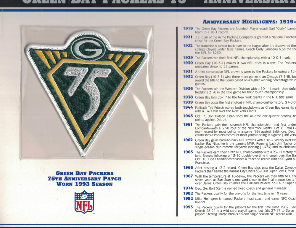 Green Bay Packers 75th Anniversary Full Card Patch 32254