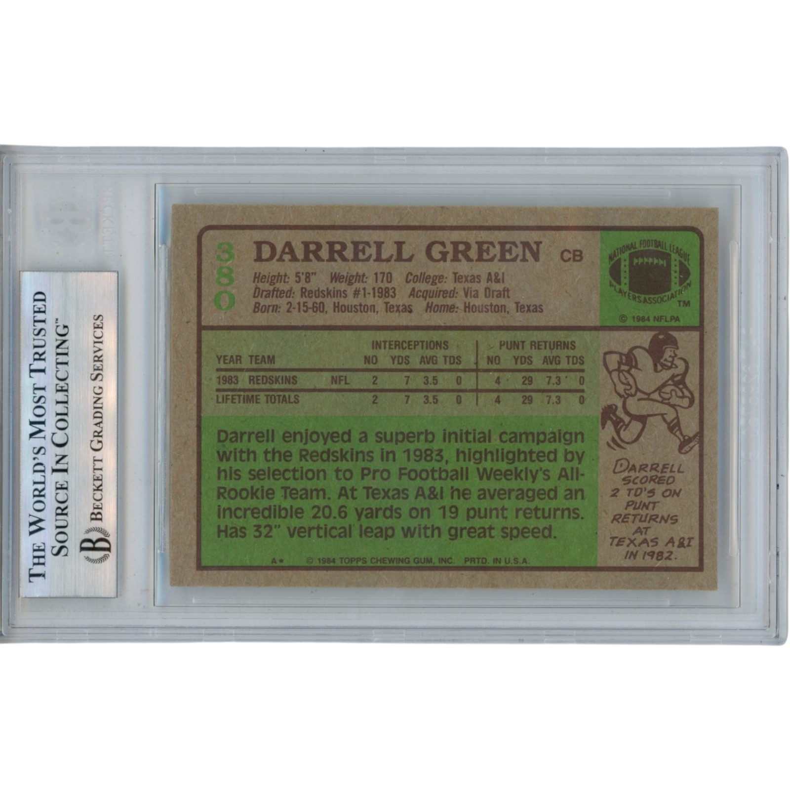 Darrell Green Autographed 1984 Topps 380 HOF 2x SB Champ Card Slab Beckett 51916 2 Darrell Green Autographed 1984 Topps 380 HOF 2x SB Champ Card Slab Beckett 51916