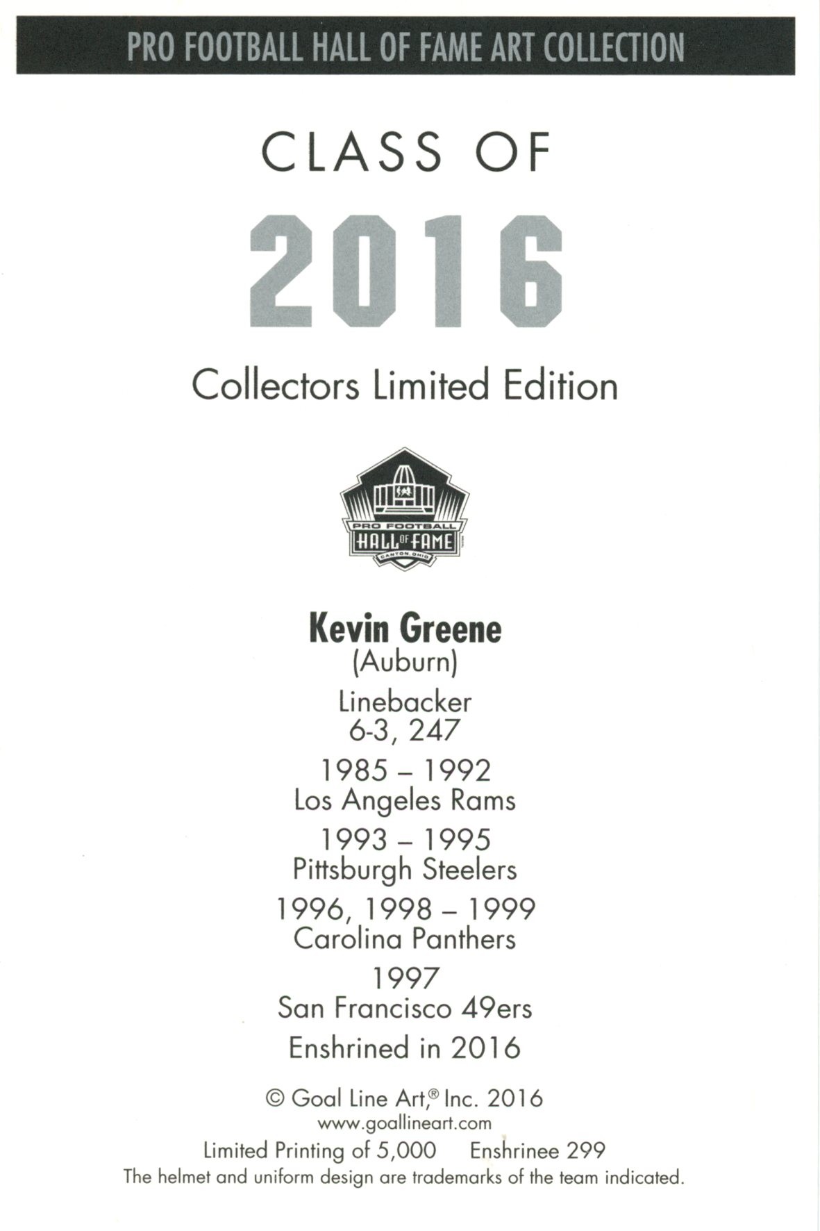 Kevin Greene Pittsburgh Steelers Goal Line Art Card Class of 2016 58077 2 Kevin Greene Pittsburgh Steelers Goal Line Art Card Class of 2016 58077