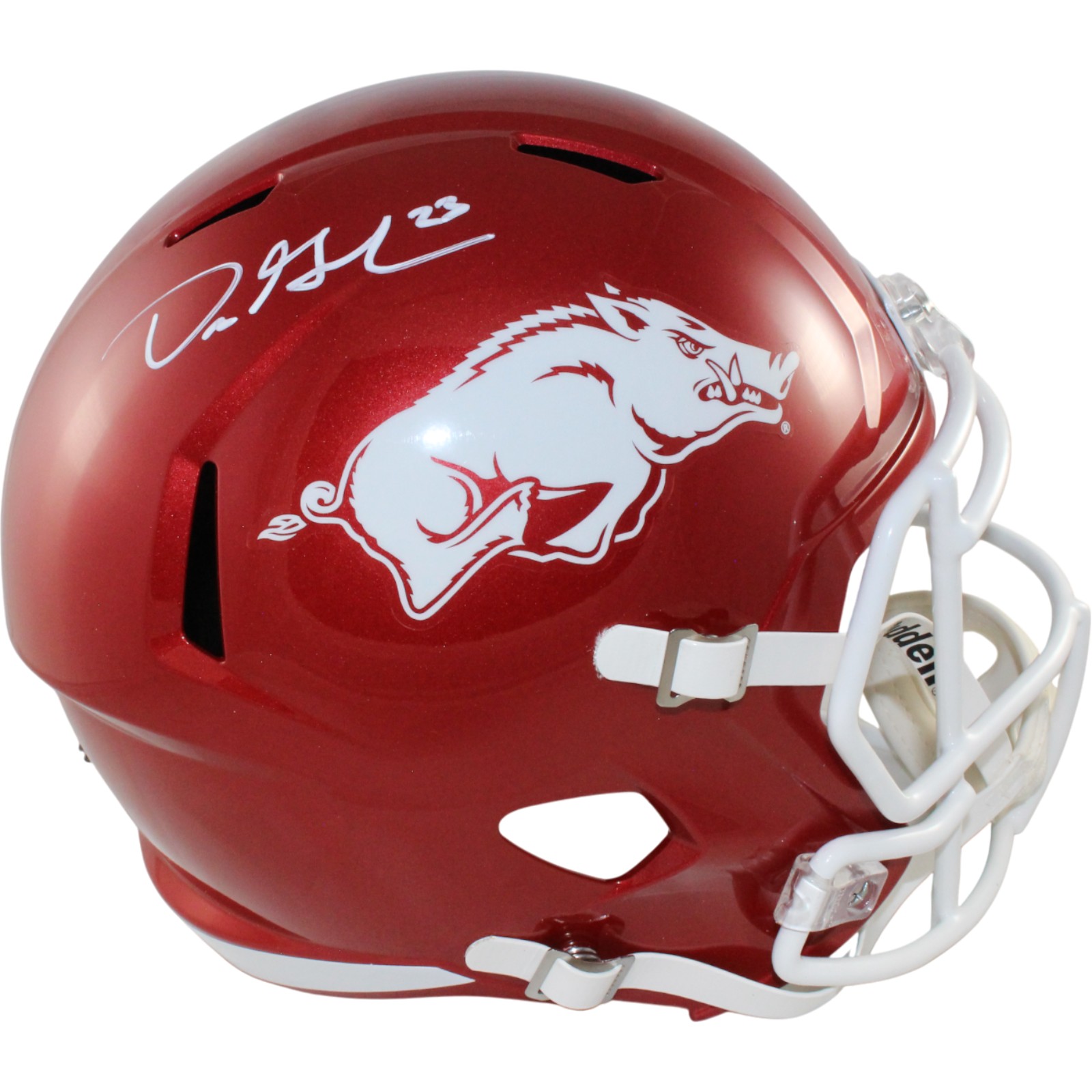 Dre Greenlaw Autographed Arkansas Razorbacks F/S Helmet Beckett Witness 54647