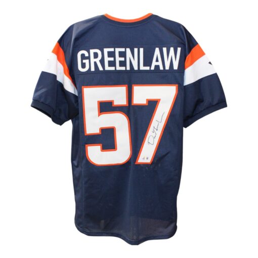 Dre Greenlaw Autographed/Signed Pro Style Blue XL Jersey Beckett 50980