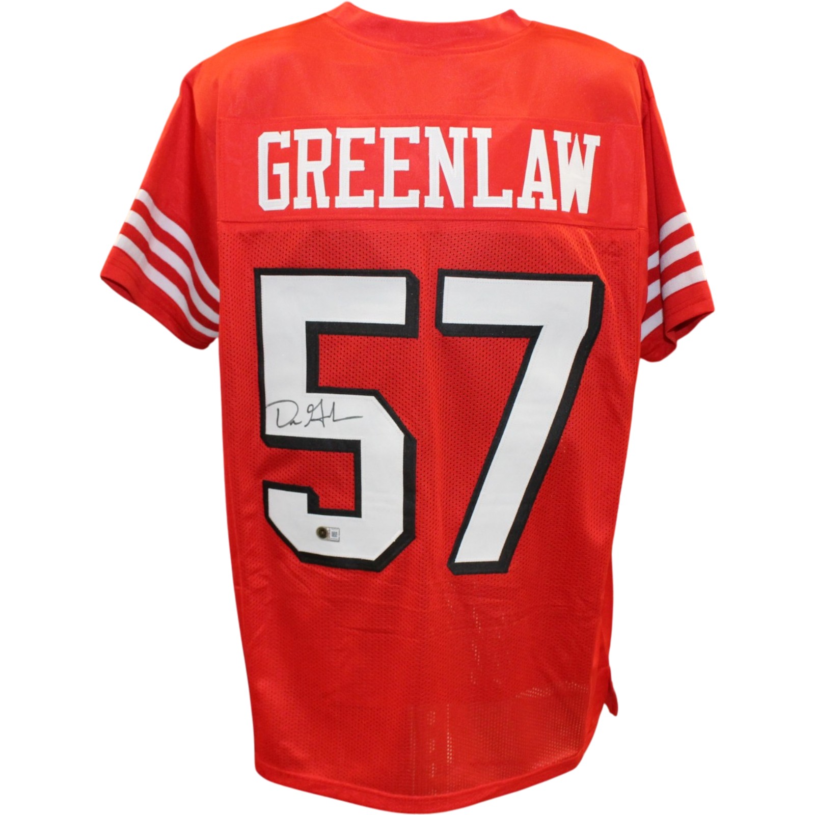 Dre Greenlaw Autographed Pro Style Sz XL Red Jersey Beckett Witness 57289 1 Dre Greenlaw Autographed Pro Style Sz XL Red Jersey Beckett Witness 57289
