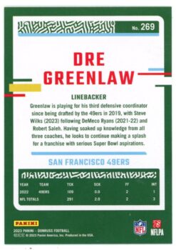 Dre Greenlaw Autographed 2023 Panini Donruss #269 Trading Card Beckett 54676