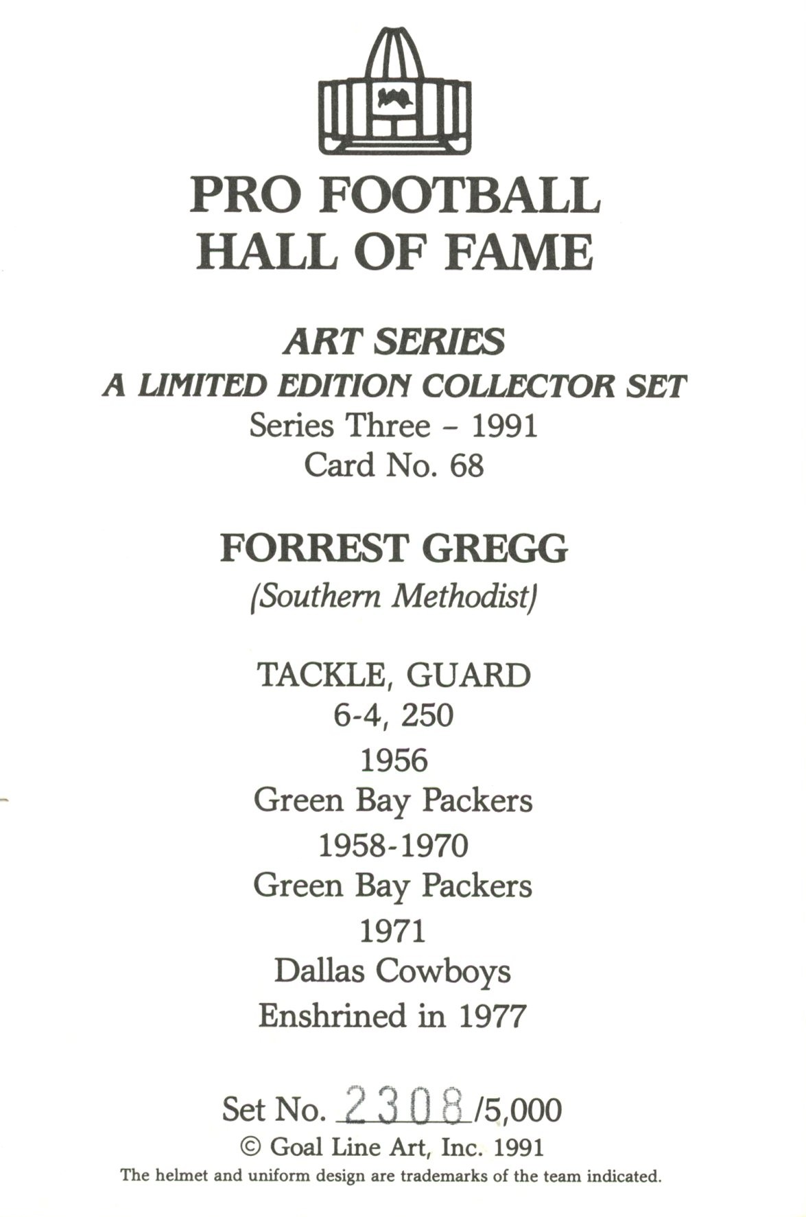 Forrest Gregg Green Bay Packers Goal Line Art Card Series 3 #68 LE /5000 58078 2 Forrest Gregg Green Bay Packers Goal Line Art Card Series 3 #68 LE /5000 58078