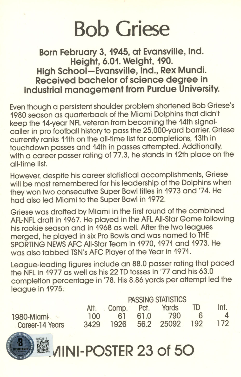 Bob Griese Signed Miami Dolphins Mini Poster 23/50 Beckett 46118