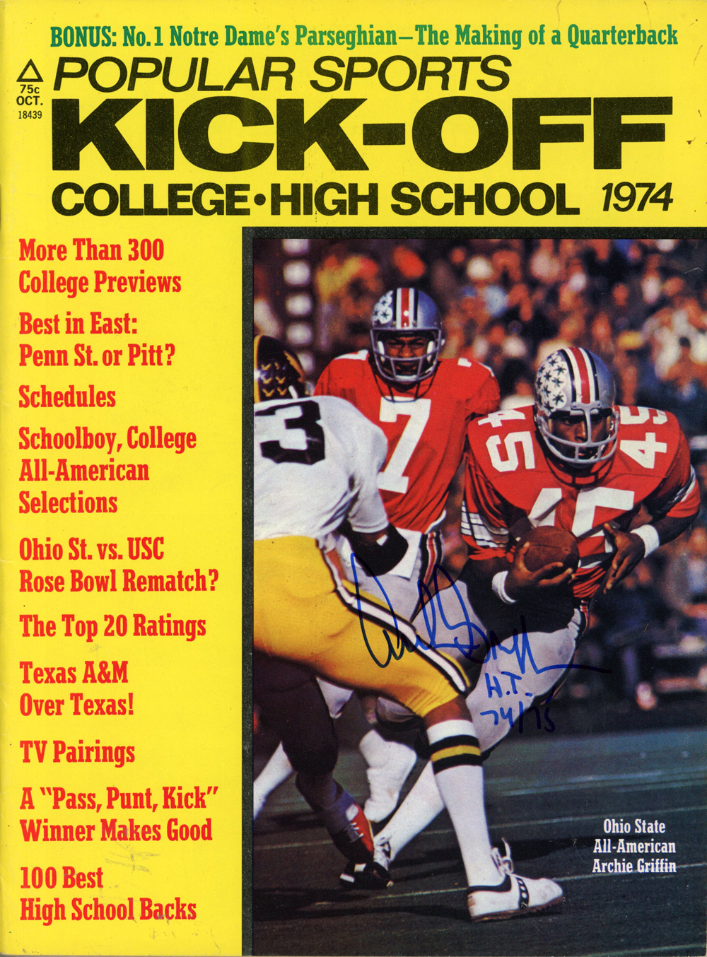 Archie Griffin Autographed 1974 Ohio St Kickoff Magazine HT Beckett