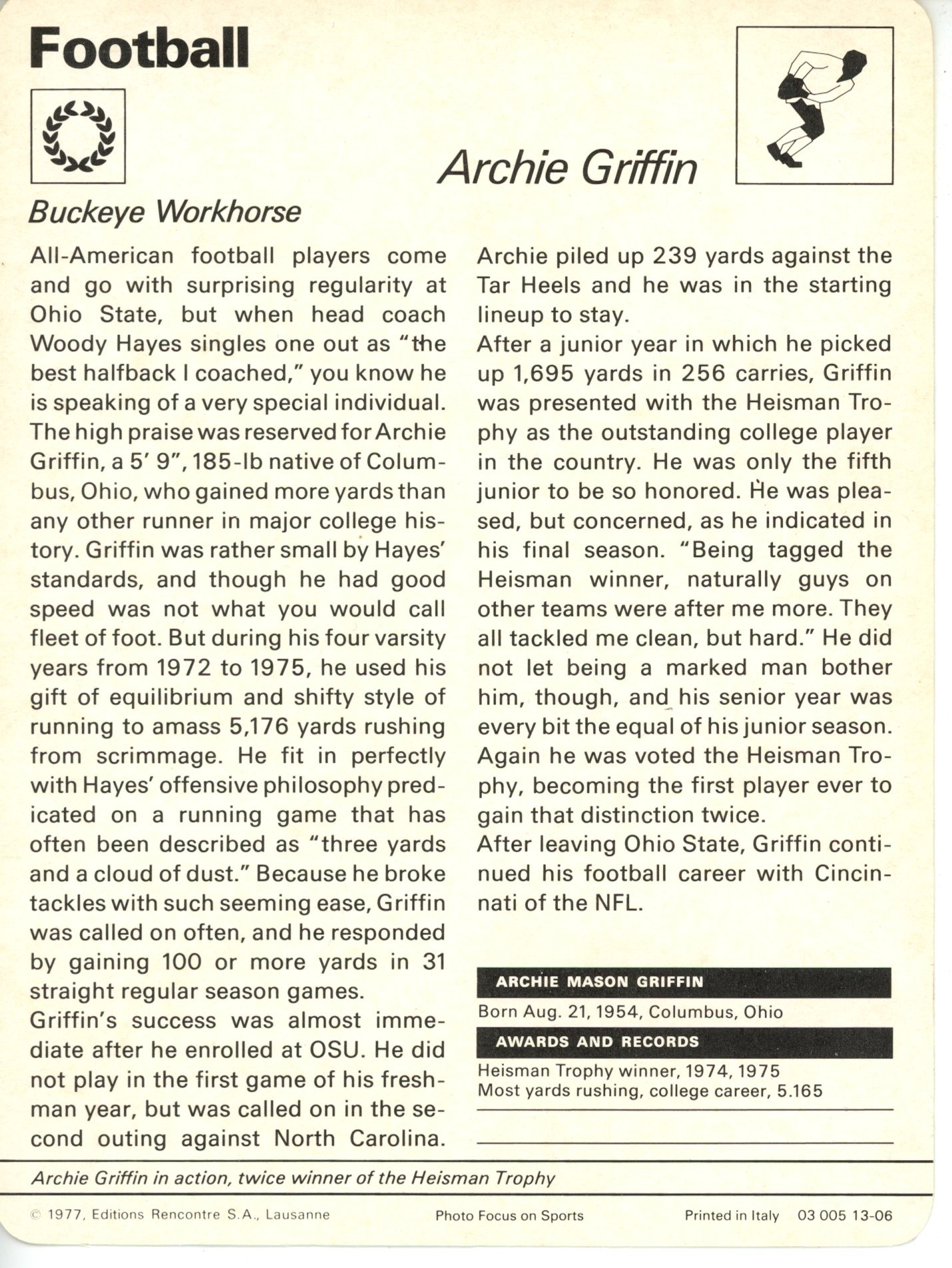 Archie Griffin Autographed Ohio State Buckeyes 1977 Sportscaster Card BAS 56218 2 Archie Griffin Autographed Ohio State Buckeyes 1977 Sportscaster Card BAS 56218