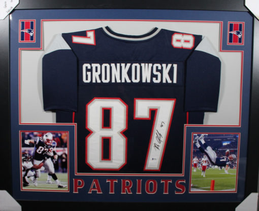 Rob Gronkowski Autographed New England Patriots Framed Blue XL Jersey BAS 20930
