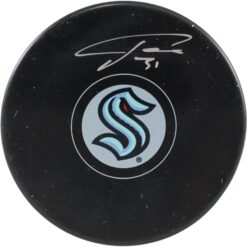Philipp Grubauer Autographed/Signed Seattle Kraken Logo Puck Fanatics 53815