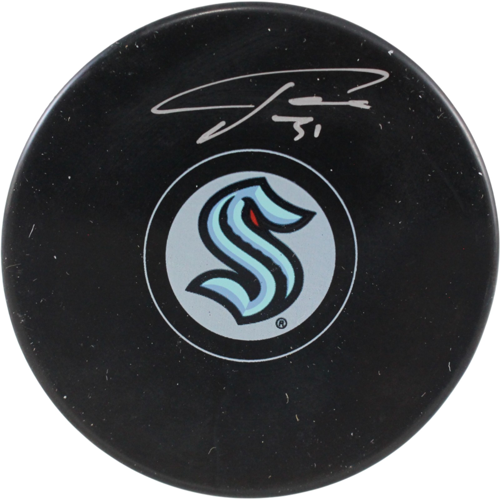 Philipp Grubauer Autographed/Signed Seattle Kraken Logo Puck Fanatics 53815