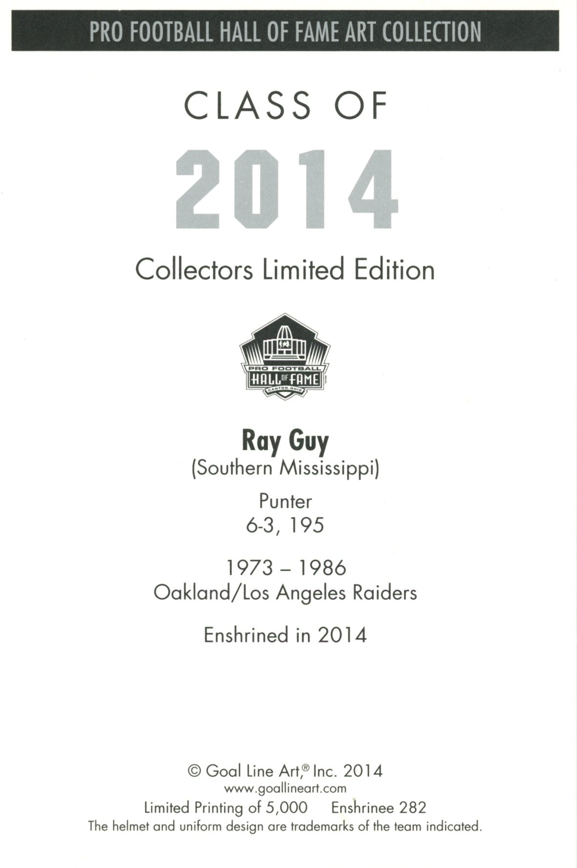 Ray Guy Oakland Raiders Goal Line Art Card Class of 2014 58080 2 Ray Guy Oakland Raiders Goal Line Art Card Class of 2014 58080