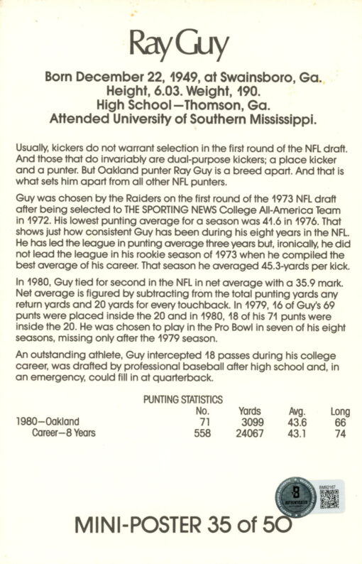 Ray Guy Autographed Oakland Raiders Mini Poster 35/50 HOF Beckett 46082