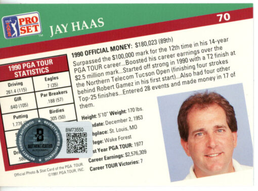 Jay Haas Autographed 1991 Pro Set #70 Trading Card Beckett 44856