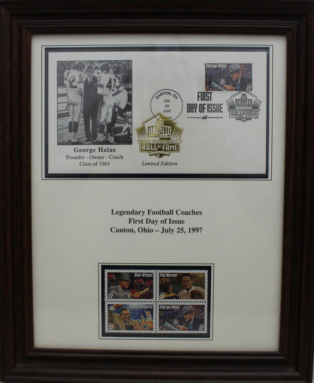 George Halas Framed Hall Of Fame Cache Envelope & Legendary Stamps