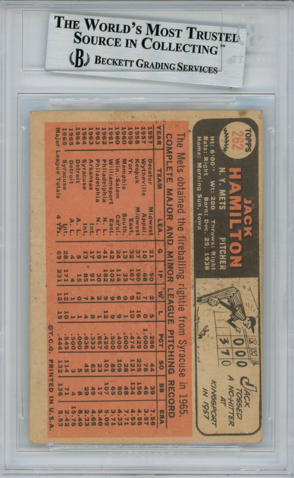 Jack Hamilton Autographed 1966 Topps #262 Trading Card Beckett Slab