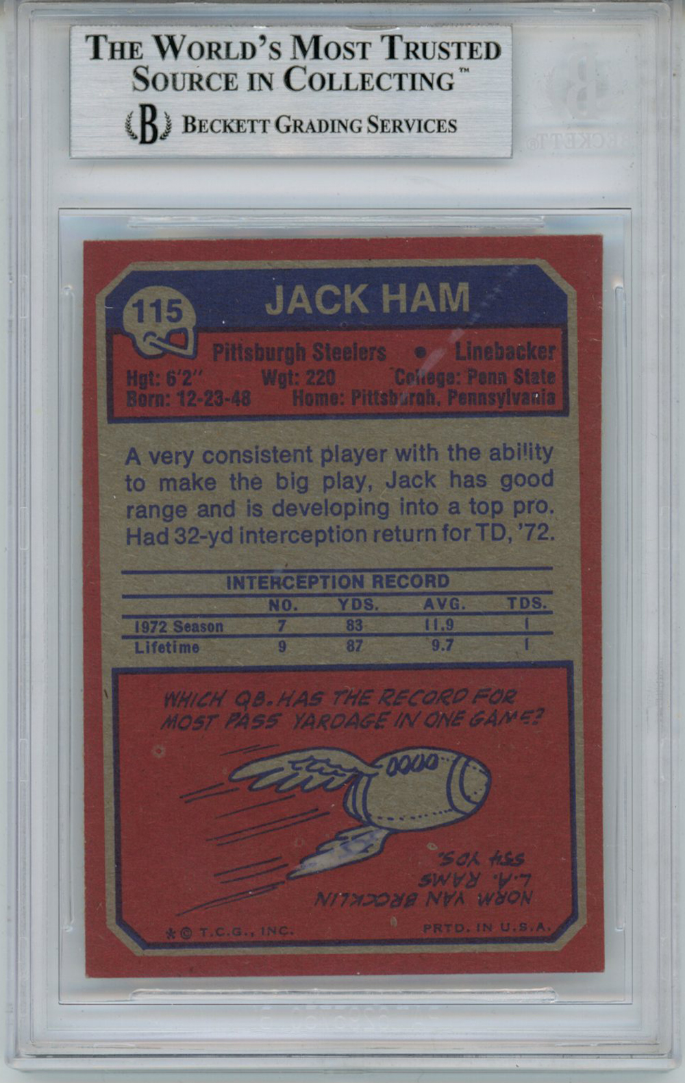 Jack Ham Autographed 1973 Topps #115 Rookie Card HOF Beckett 10 Slab