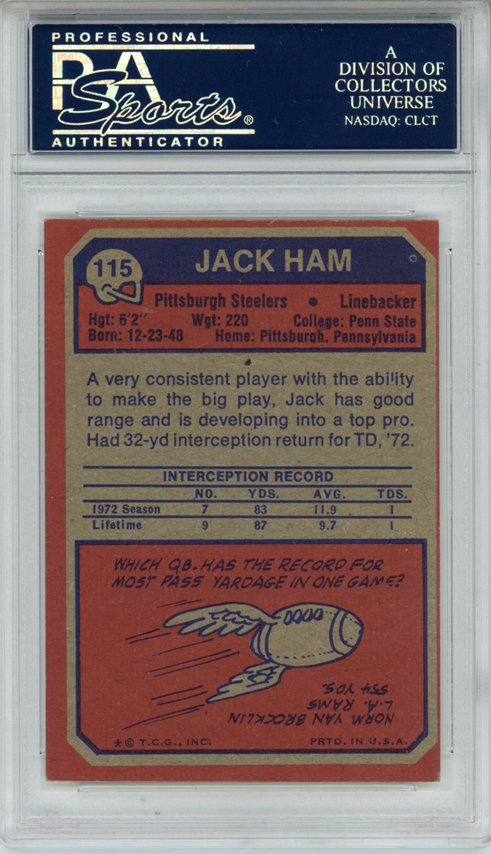 Jack Ham Autographed 1973 Topps #115 Rookie Card HOF PSA Slab