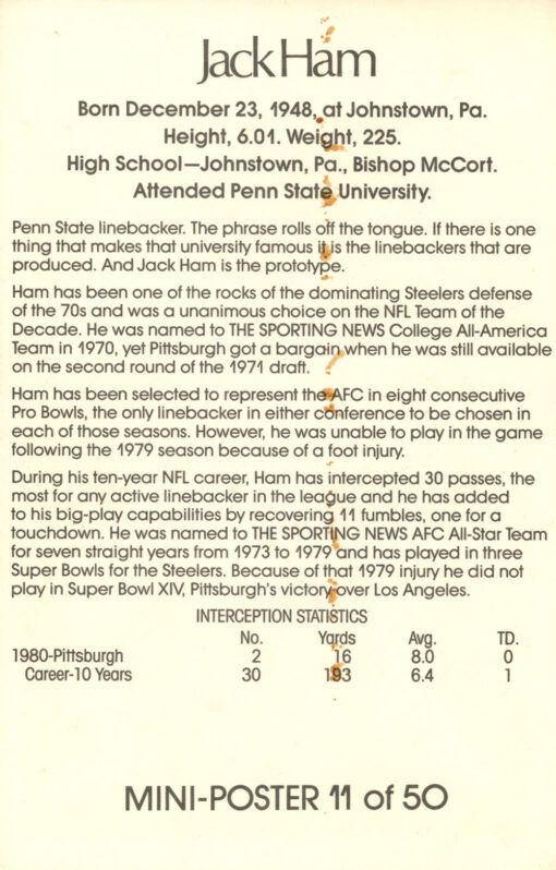 Jack Ham Autographed Pittsburgh Steelers Mini Poster HOF Beckett 46183