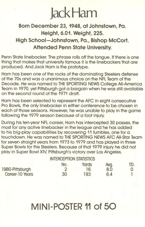 Jack Ham Autographed Pittsburgh Steelers Mini Poster HOF Beckett 46185