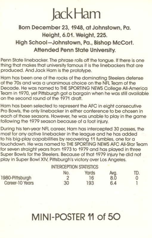 Jack Ham Pittsburgh Steelers Mini Poster 11/50 Marketcom 46195