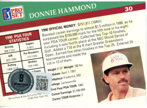 Donnie Hammond Autographed 1991 Pro Set #30 Trading Card Beckett 44858