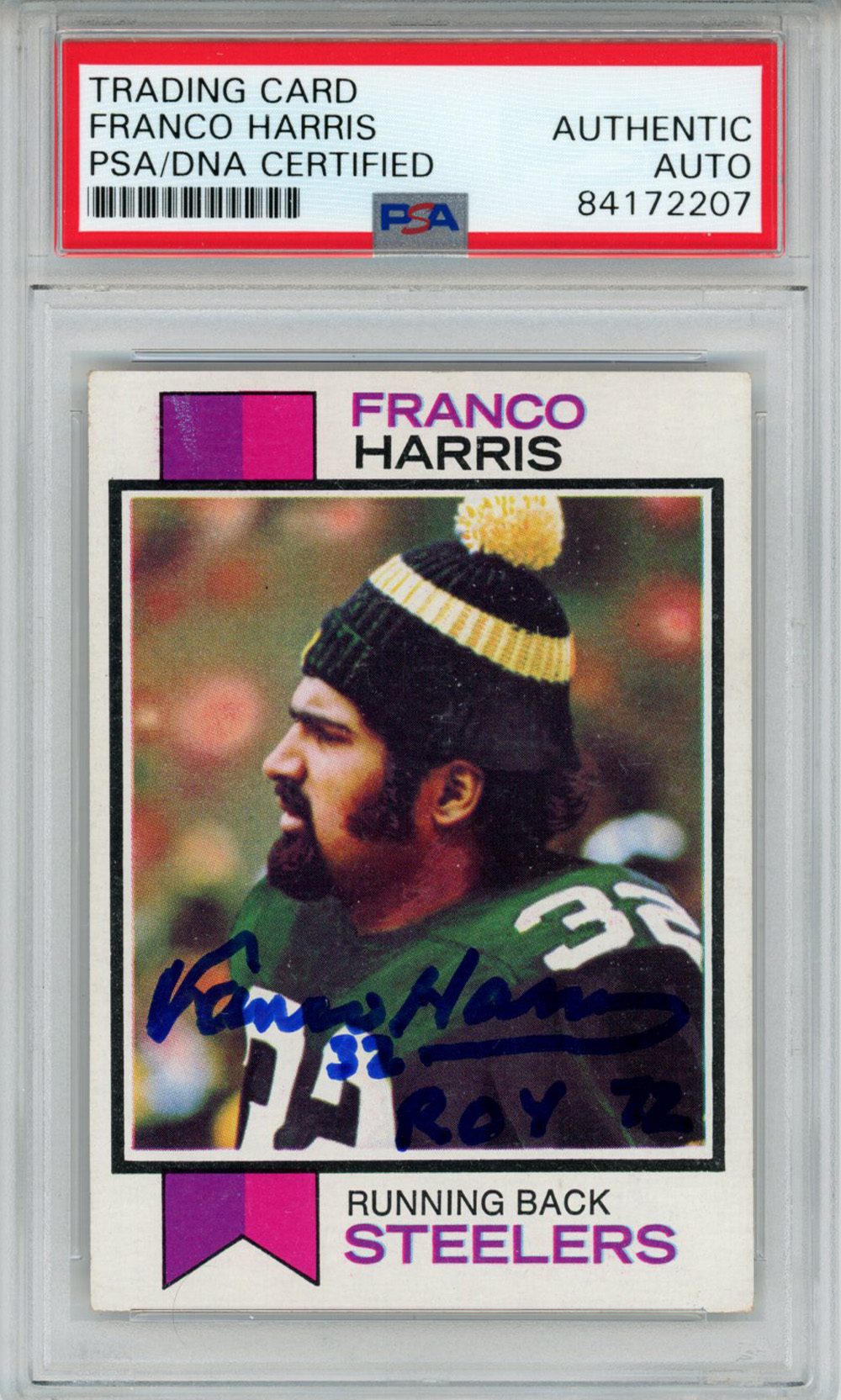 Franco Harris Autographed 1973 Topps #89 Rookie Card ROY PSA Slab