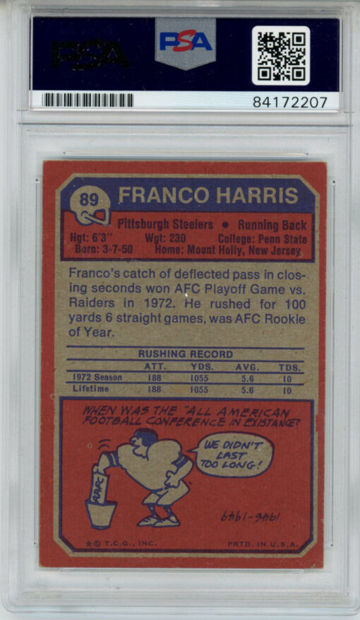 Franco Harris Autographed 1973 Topps #89 Rookie Card ROY PSA Slab