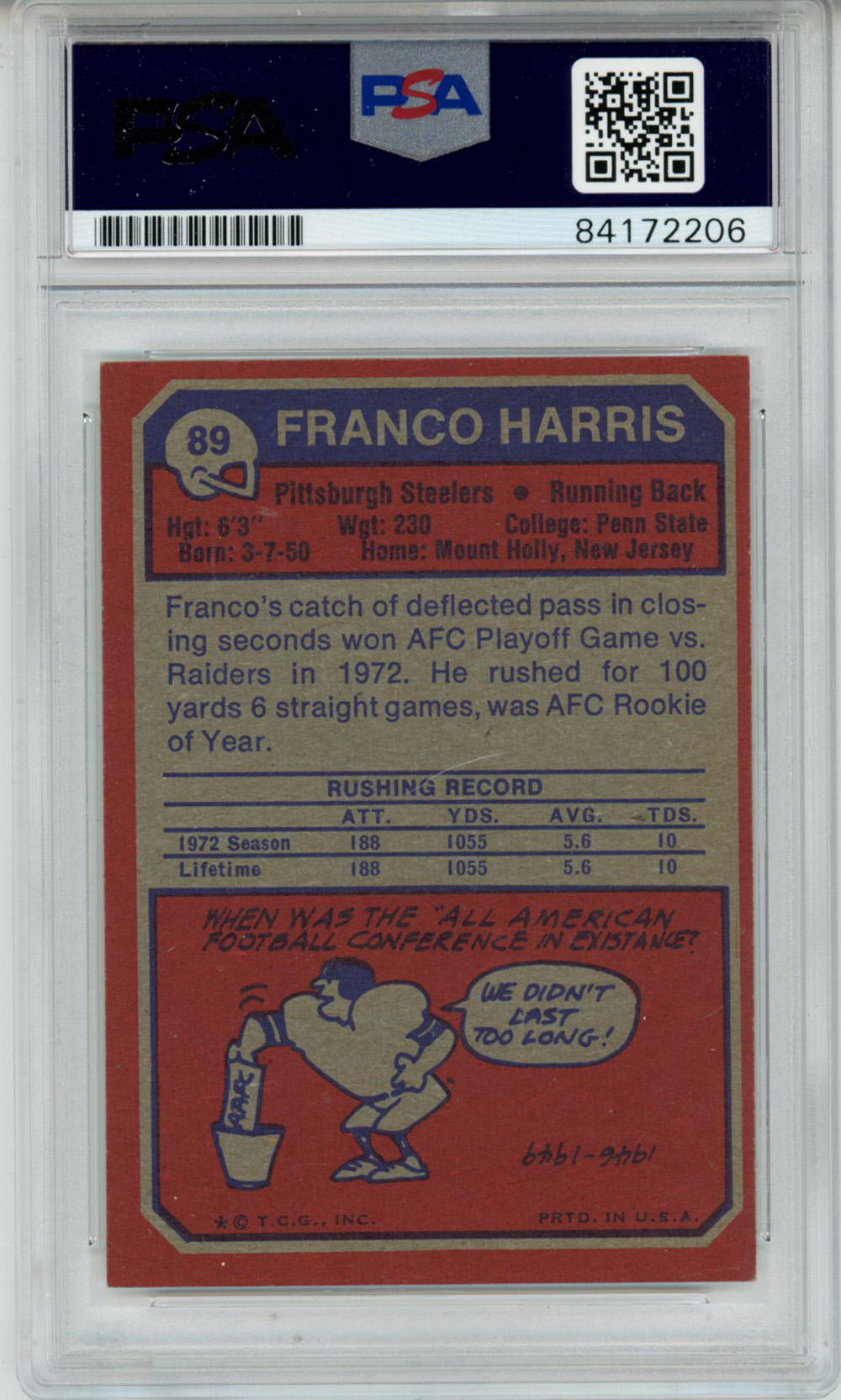 Franco Harris Autographed 1973 Topps #89 Rookie Card ROY PSA Slab