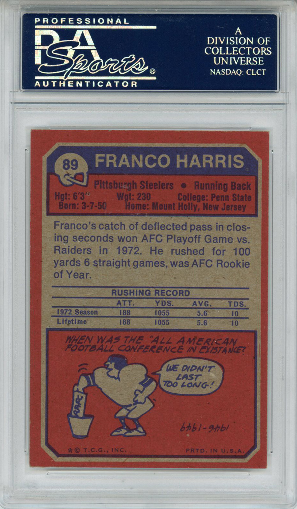 Franco Harris Autographed 1973 Topps #89 Rookie Card HOF PSA Slab