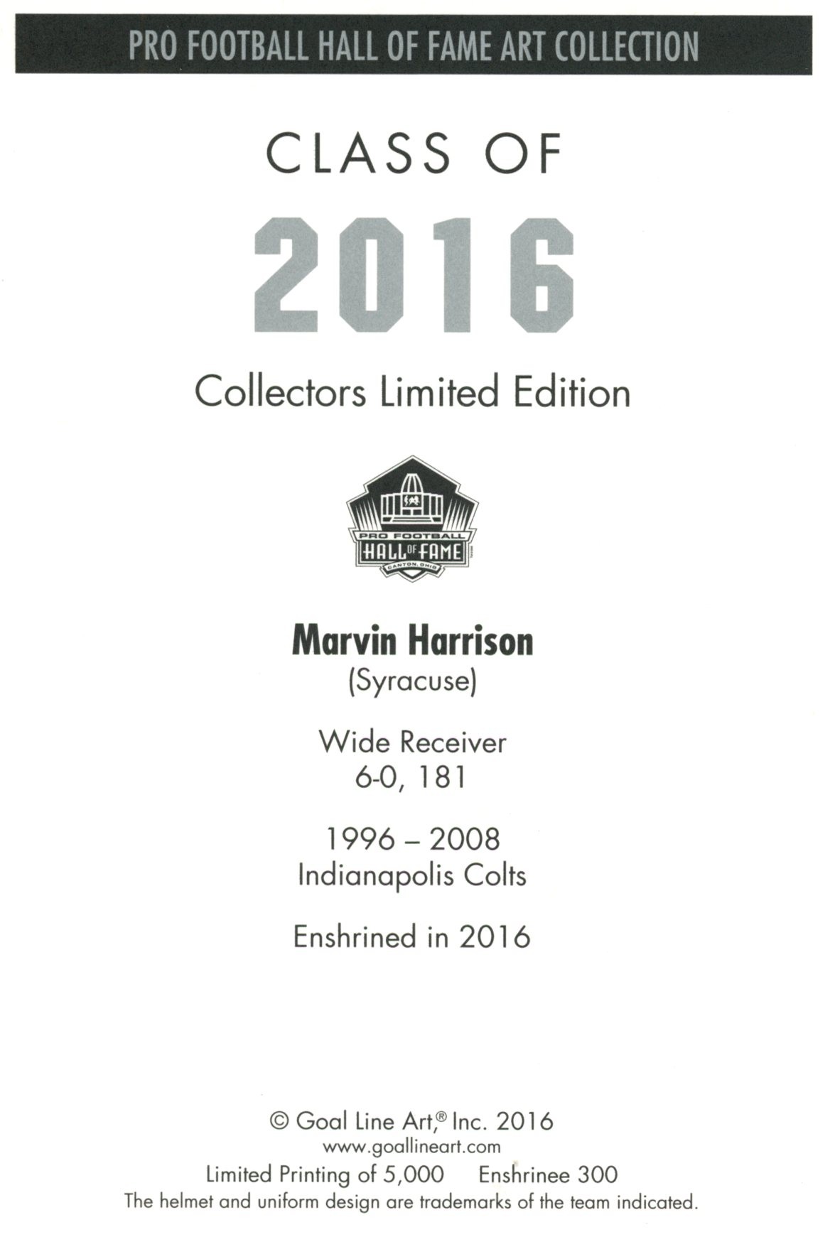 Marvin Harrison Indianapolis Colts Goal Line Art Card Class of 2016 58083 2 Marvin Harrison Indianapolis Colts Goal Line Art Card Class of 2016 58083