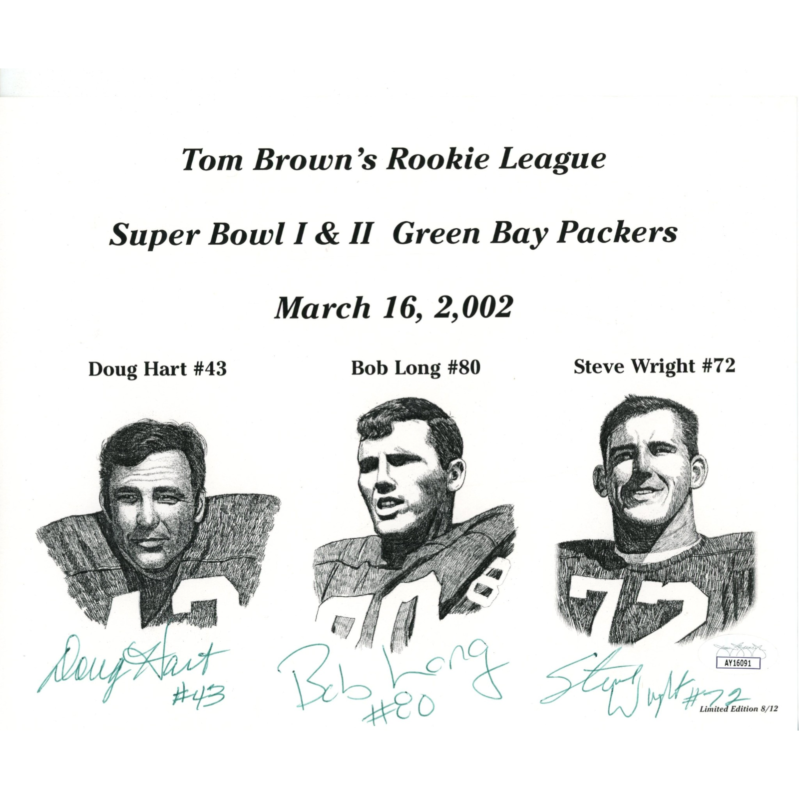 Doug Hart Bob Long Steve Wright Signed Green Bay Packers 8x10 Photo JSA 55121