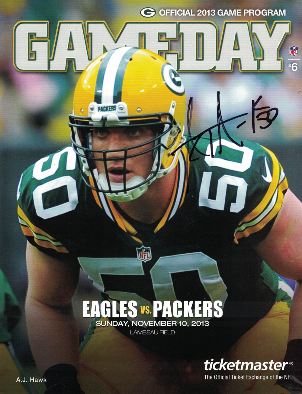 AJ Hawk Signed Green Bay Packers 11/10/2013 Gameday Magazine Beckett