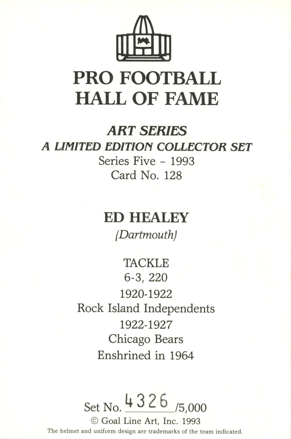 Ed Healey Chicago Bears Goal Line Art Card Series 5 No Ed Healey Chicago Bears Goal Line Art Card Series 5 No. 128 LE /5000 58085