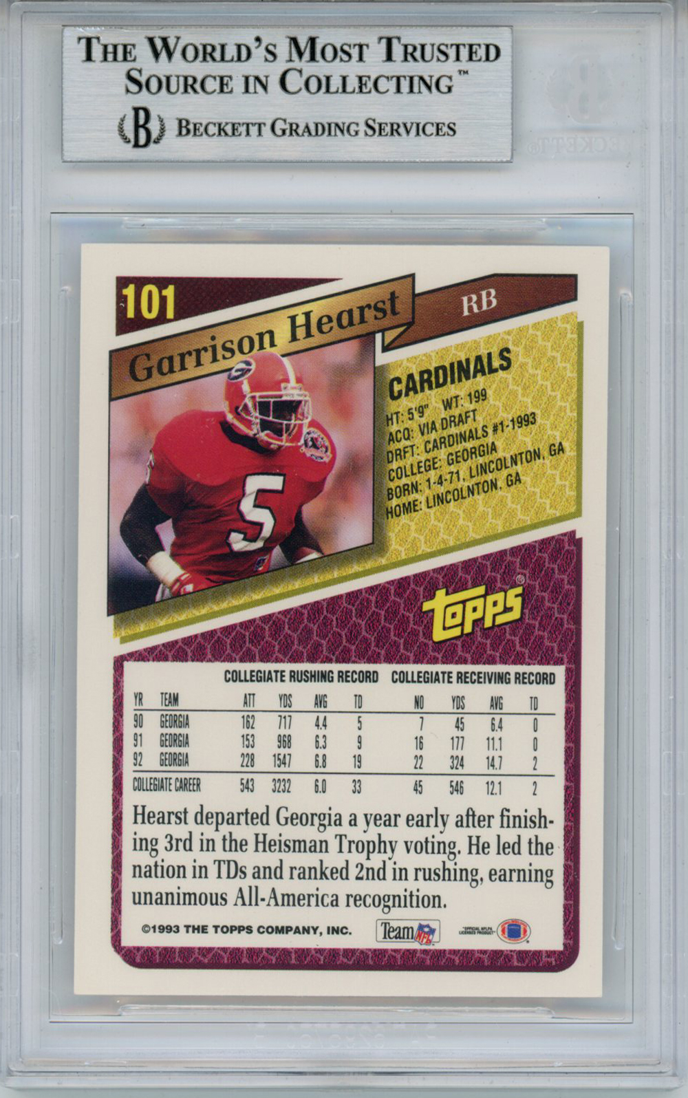 Garrison Hearst Autographed 1993 Topps #101 Rookie Card Beckett Slab