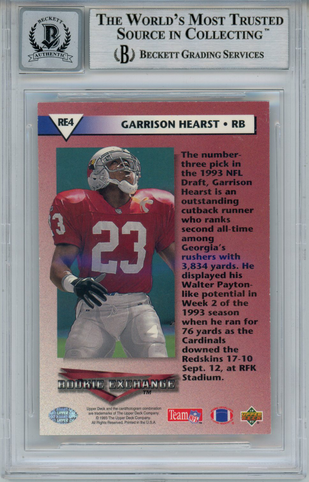 Garrison Hearst Autographed 1993 Upper Deck Rookie Card Beckett Slab