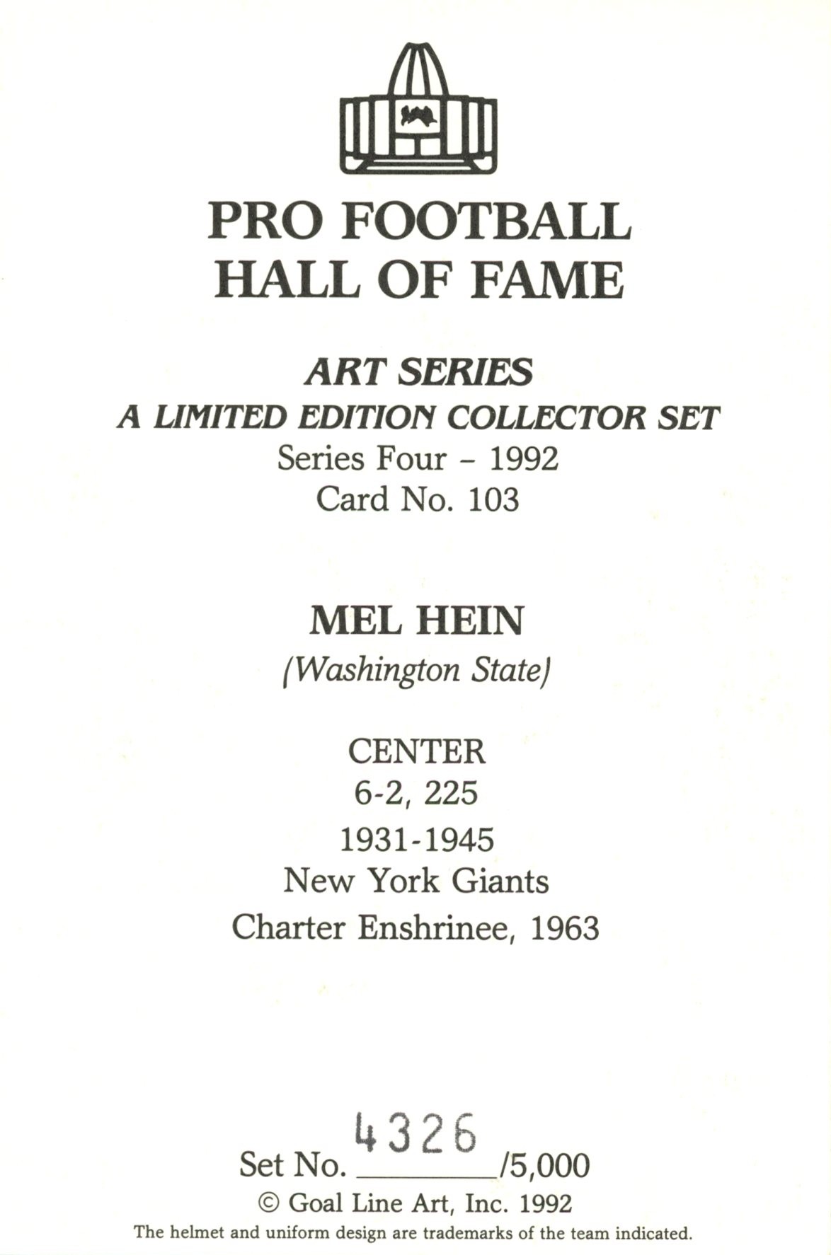 Mel Hein New York Giants Goal Line Art Card Series 4 No Mel Hein New York Giants Goal Line Art Card Series 4 No. 103 LE /5000 58086