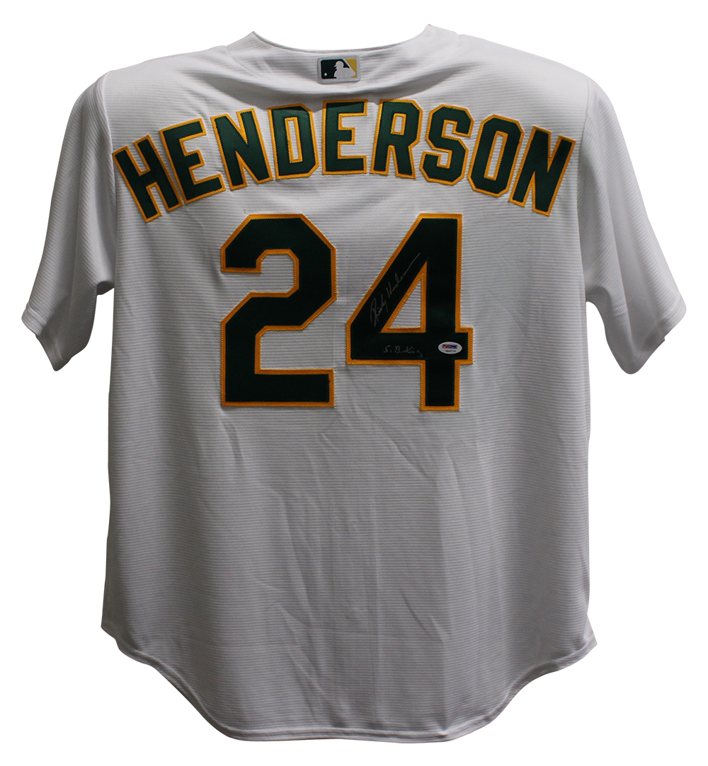 Rickey Henderson Signed Oakland Athletics Majestic White XL Jersey PSA  25796 – Denver Autographs