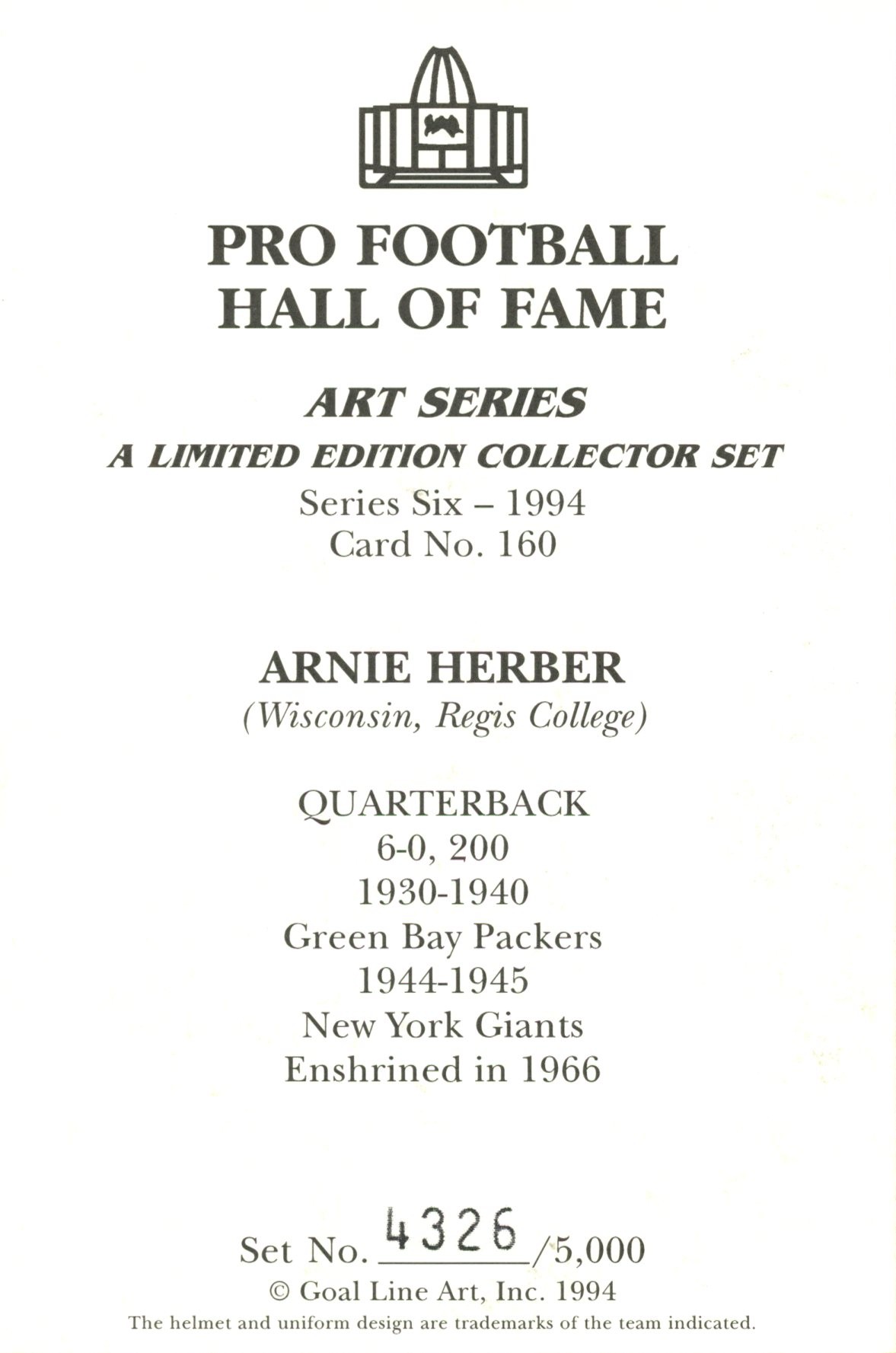 Arnie Herber Green Bay Packers Goal Line Art Card Series 6 #160 LE /5000 58088 2 Arnie Herber Green Bay Packers Goal Line Art Card Series 6 #160 LE /5000 58088