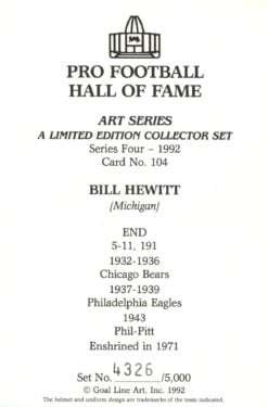 Bill Hewitt Chicago Bears Goal Line Art Card Series 4 No. 104 LE /5000 58089