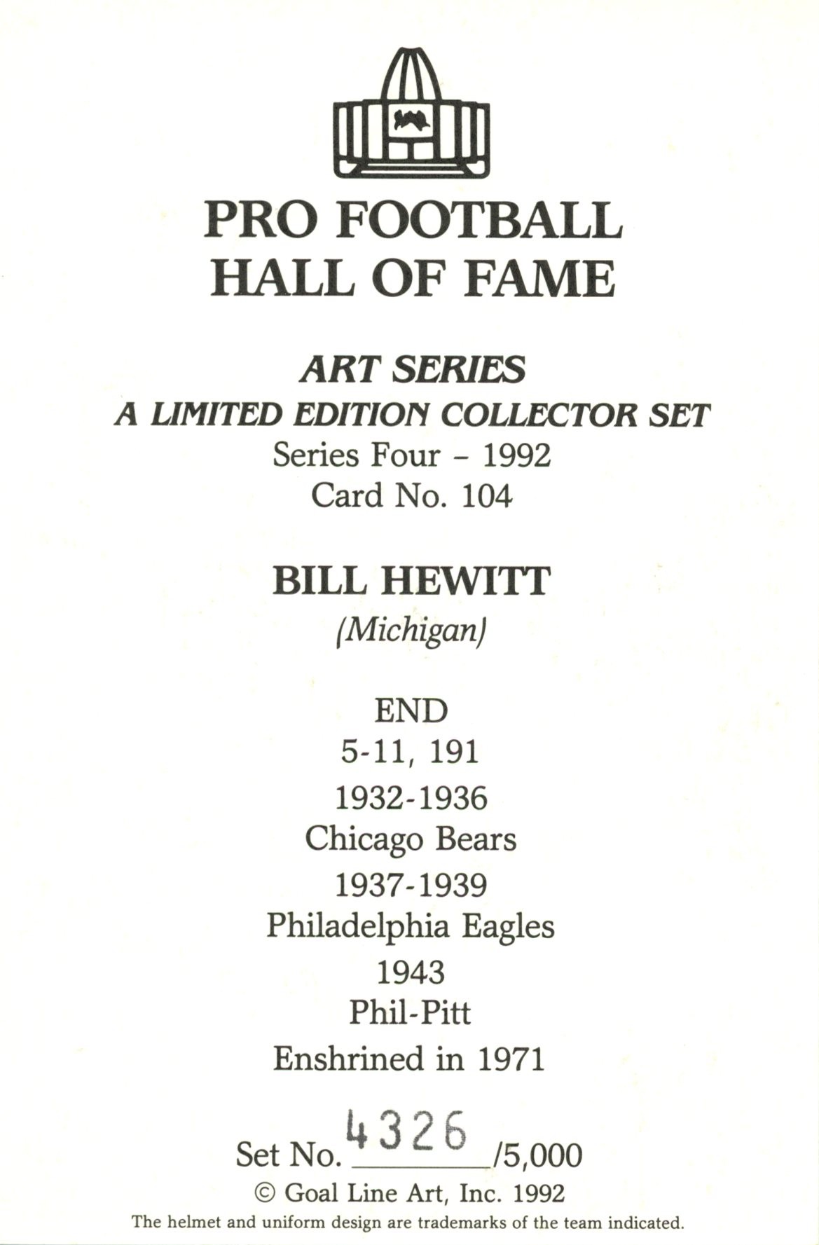 Bill Hewitt Chicago Bears Goal Line Art Card Series 4 No Bill Hewitt Chicago Bears Goal Line Art Card Series 4 No. 104 LE /5000 58089