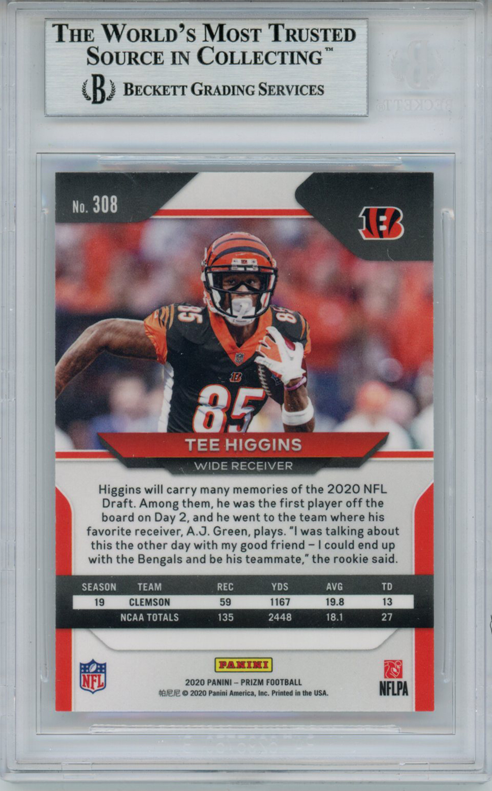 Tee Higgins Autographed 2020 Panini Prizm #308A Rookie Card BAS Slab