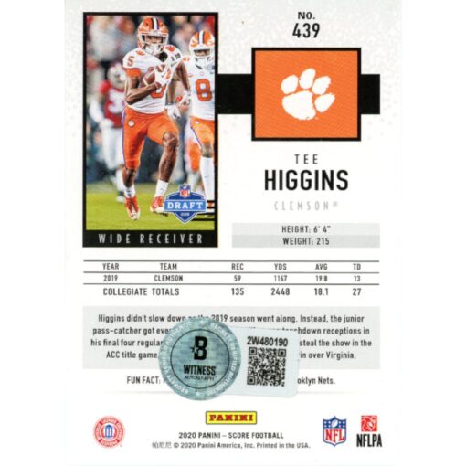Tee Higgins Autographed 2020 Panini Score 439 Trading Card Beckett 48900