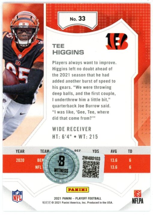 Tee Higgins Autographed 2021 Panini Playoff #33 Trading Card Beckett 50238