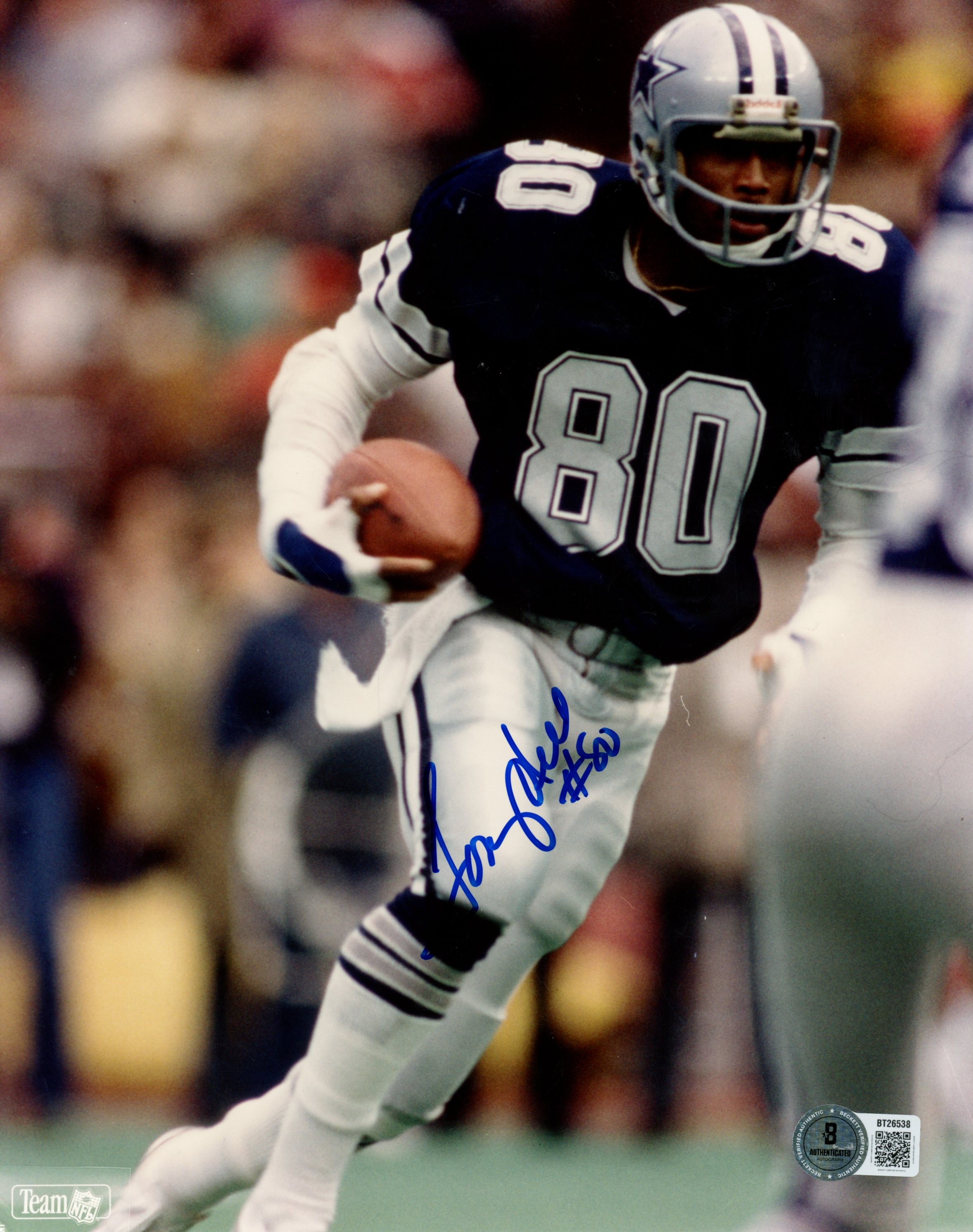 Tony Hill Autographed Dallas Cowboys 8x10 Photo Blue Solo w Ball Beckett 56738