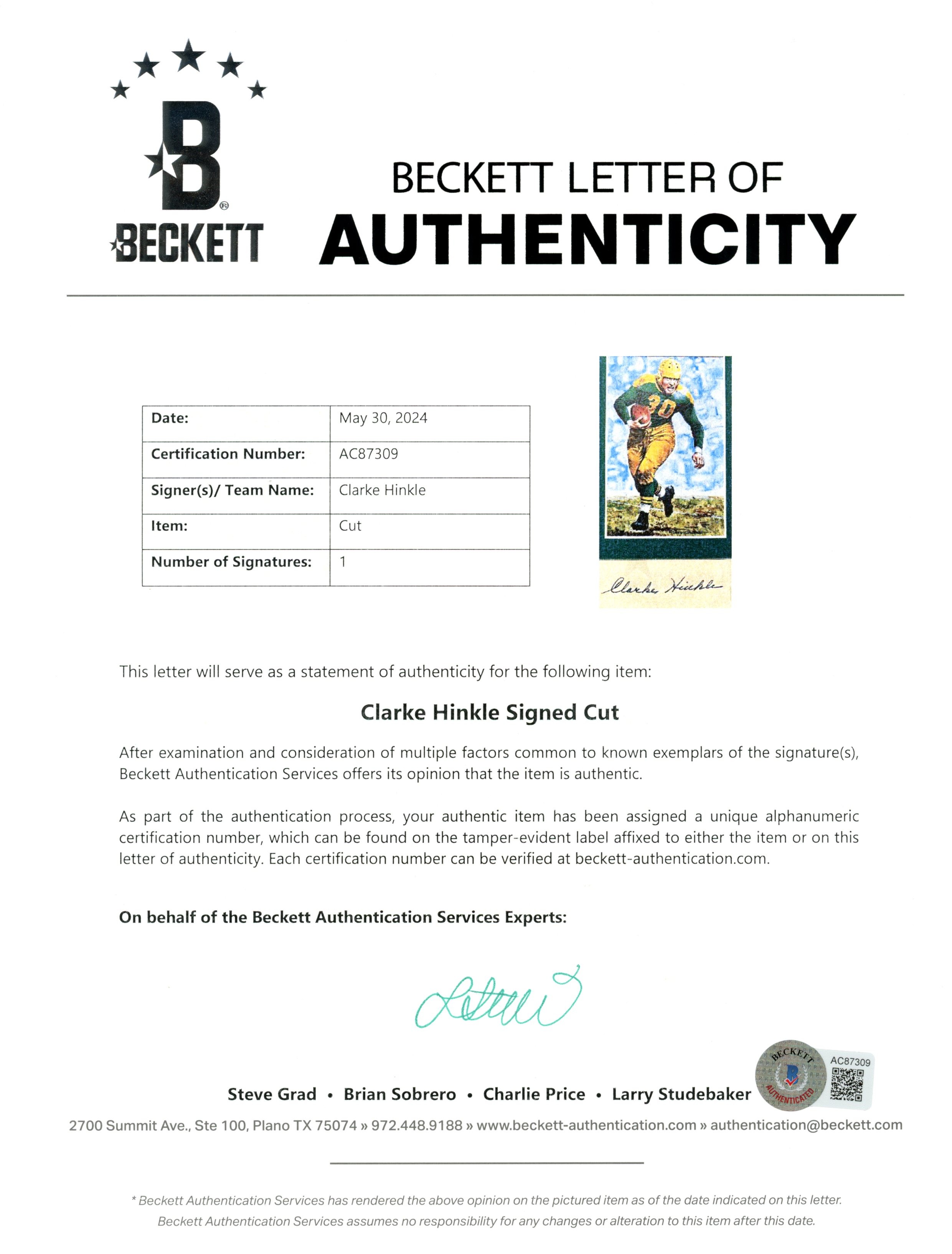 Clarke Hinkle Signed Green Bay Packers Mat Cut Auto Goal Line Art Card BAS 55402