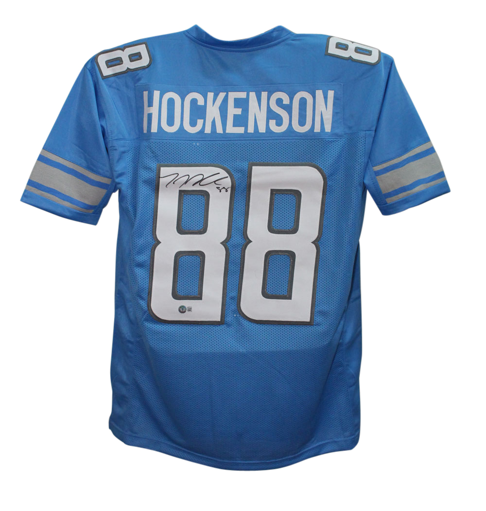 TJ Hockenson Autographed/Signed Pro Style Blue XL Jersey Beckett BAS