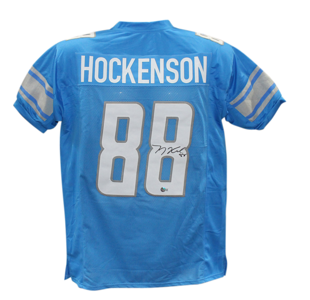 TJ Hockenson Autographed/Signed Pro Style Blue XL Jersey Beckett